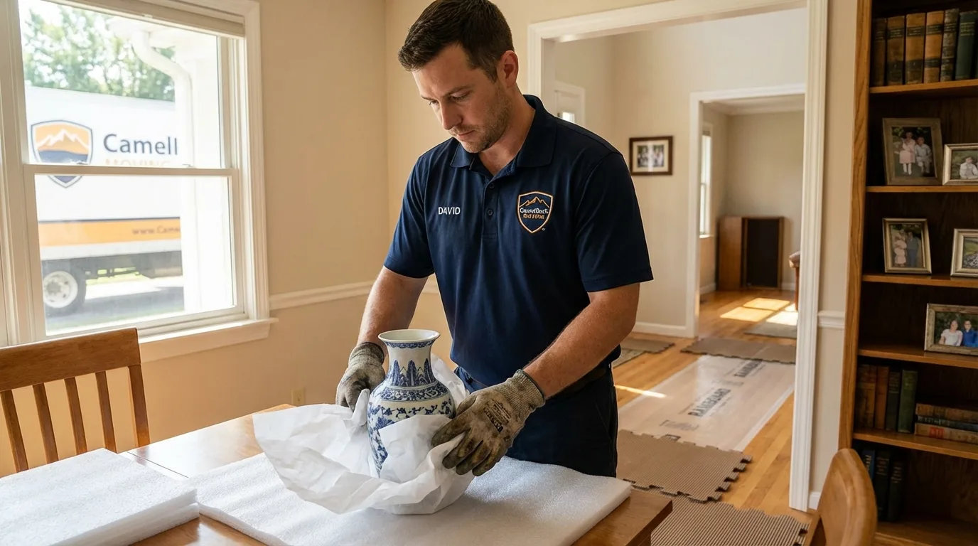 Professional crew carefully wrapping antique vase for senior downsizing move in Goodlettsville, TN